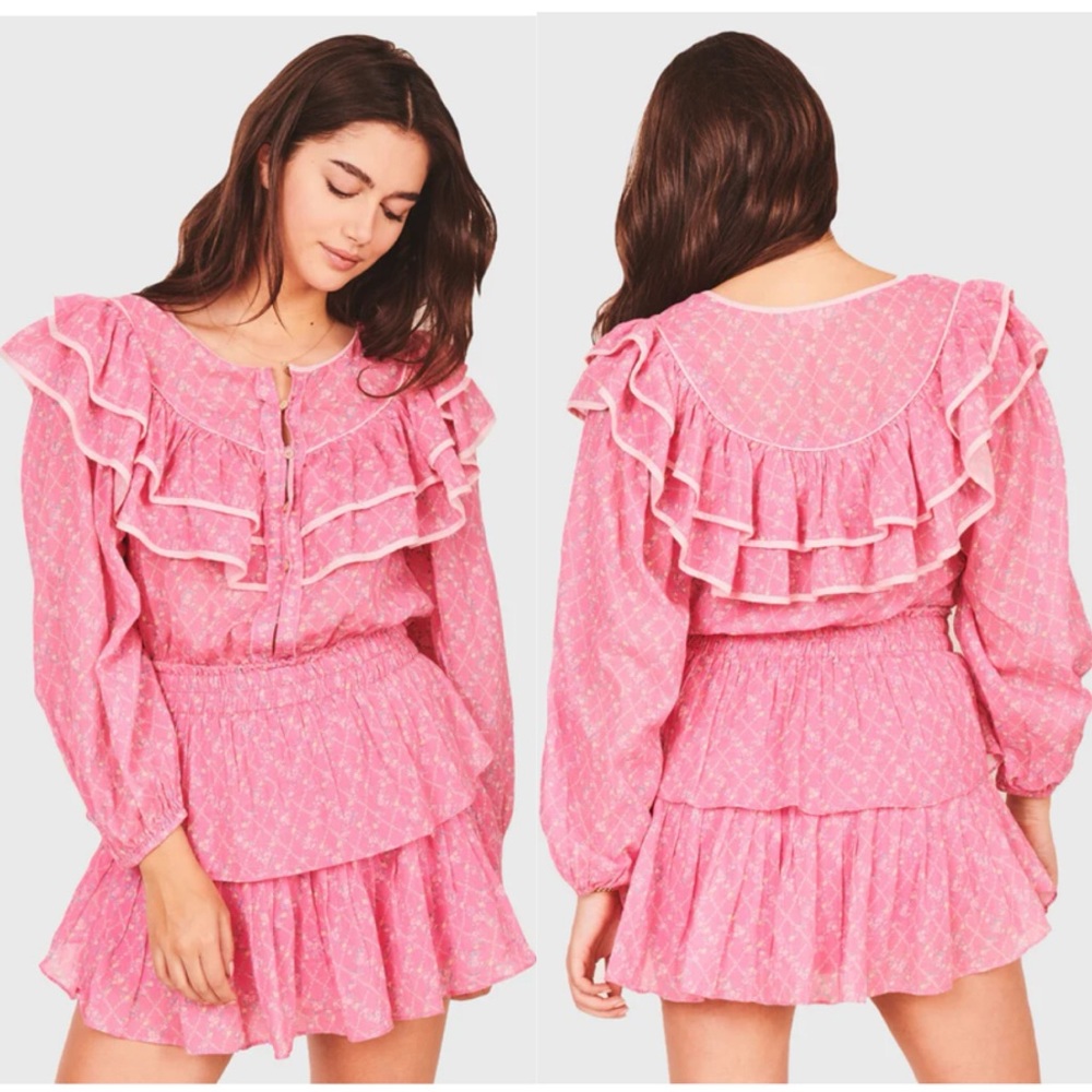 LoveShackFancy Luca Long Sleeve Ruffle Mini Dress in Fuchsia Berry sz Small